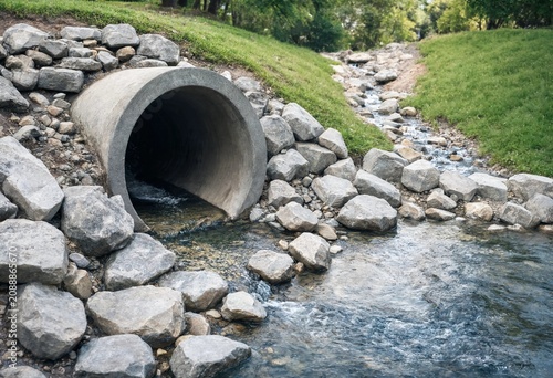 Concrete culvert drainage system carrying flowing stormwater through riprap rocks, showcasing civil engineering infrastructure, erosion control, flood management, environmental protection, and water.