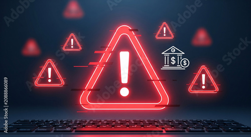 Glowing red warning signs with glitches around a bank icon, representing financial alerts, ideal for cybersecurity, financial risk and digital security concepts