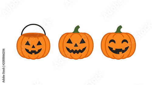 Three stylized jack o lantern pumpkin designs featuring a trick or treat bucket and two festive carved faces isolated on a clean white background