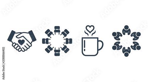Set of minimalist icons featuring handshake with heart and meeting symbols for community connection and collaborative teamwork concepts with coffee mug heart steam