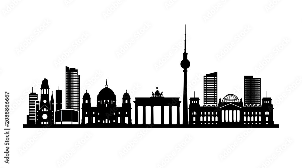 Fototapeta premium Berlin Skyline Silhouette: Famous Landmarks in Black and White