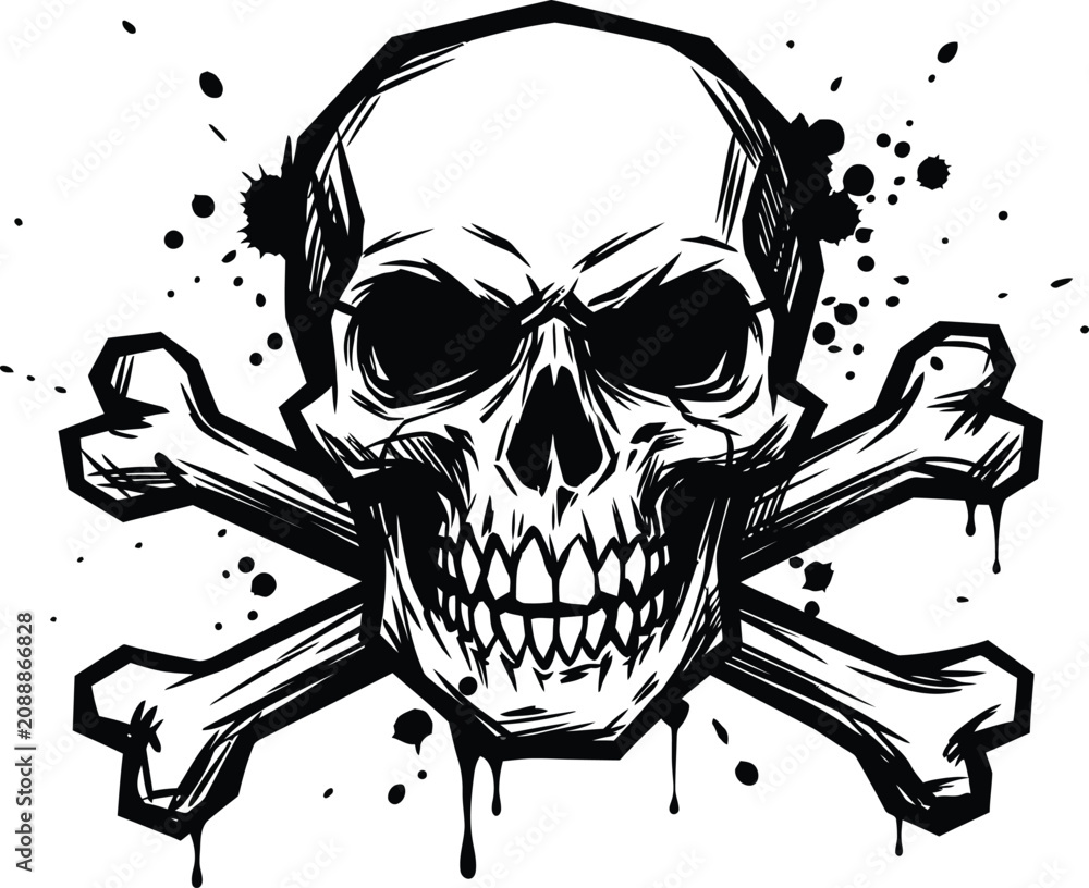 Fototapeta premium grunge graffiti style vector icon of a skull and crossbones and black splatters