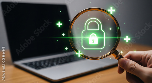 Magnifying glass on glowing green lock icon, with laptop in background and plus signs, concept for digital security, data protection and network analysis