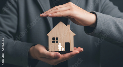 Wooden house with family silhouette held by hands, symbolic of protection and security, concept for insurance, real estate and home ownership promotion