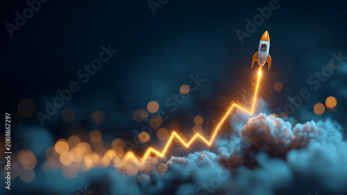 3D rendering of a rocket launching upwards along a glowing orange line graph amidst clouds, perfect for business growth, financial success and startup promotion