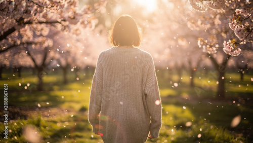 Back view of woman walking through blooming cherry blossom trees in soft golden sunlight, perfect for spring themes, lifestyle advertising and nature photography