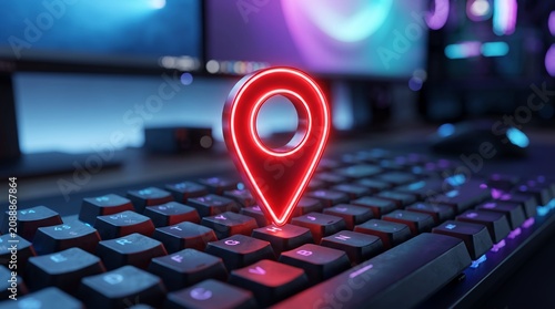 A bright red glowing location pin icon stands prominently on a dark, illuminated gaming keyboard.