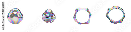 Iridescent liquid metal shapes isolated on black background for design
