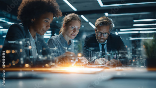 Diverse business professionals analyzing data on tablet, with cityscape overlay, suitable for corporate strategy, financial planning and technology innovation