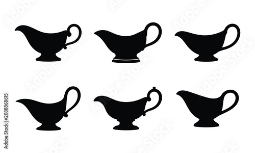Set of black gravy boat silhouettes isolated on white background. vector.