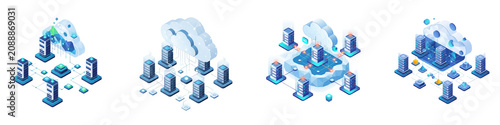 Isometric cloud computing network icons with server racks and data systems