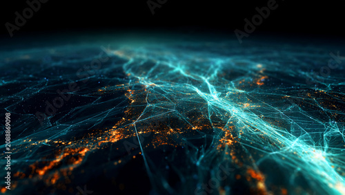 Global digital network visualization showing glowing connections over illuminated cities from aerial view, perfect for technology, data and communication