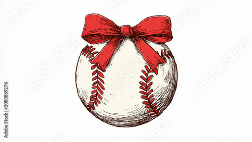 Hand-drawn baseball with red ribbon bow on white background, perfect for sports gifts, holiday promotions and event invitations