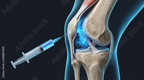 A medical illustration showing a syringe administering a blue therapeutic liquid into a human knee joint, highlighting the internal structure with a glow.