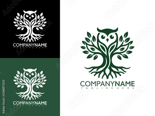 A stylized illustration of an owl sitting on a tree with leaves and company name for business