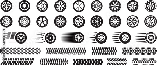 wheel icons and illustration of rims tires motion lines and treads set