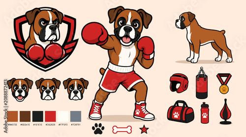 Obraz na plátně Cartoon Boxer Dog in Boxing Gear and Accessories.