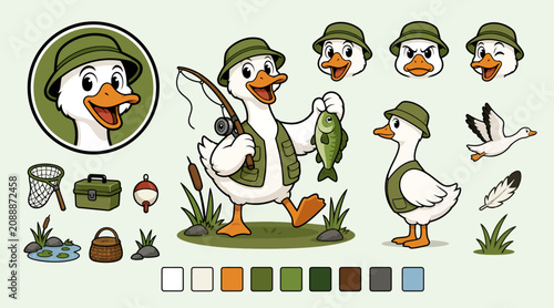 Slika na platnu Cartoon Ducks in Military Gear with Fishing Equipment.