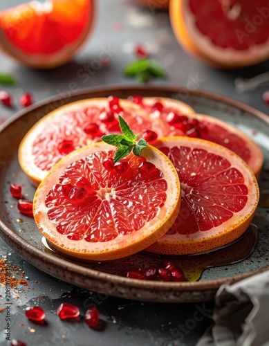 Fresh grapefruit slices topped with pomegranate seeds and mint leaves on dark plate, healthy nutrition, culinary photography, vibrant citrus food