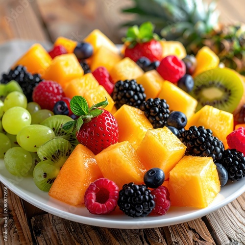 Fresh mixed fruit salad with mango, blackberries, strawberries, raspberries, blueberries, and grapes on a rustic wooden table