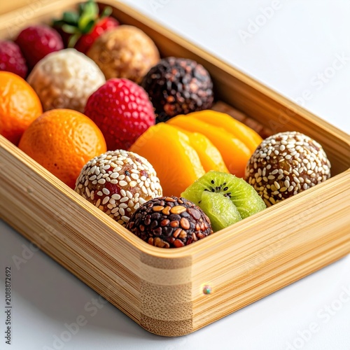 Assorted fresh fruit and healthy energy balls in a wooden box, delicious snack for diet meal planning, keto food, vegan nutrition, detox food
