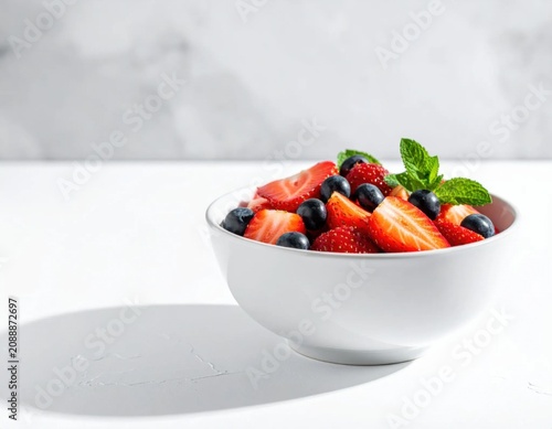 Fresh strawberries and blueberries in a white ceramic bowl, healthy breakfast, natural food photography, summer fruit salad