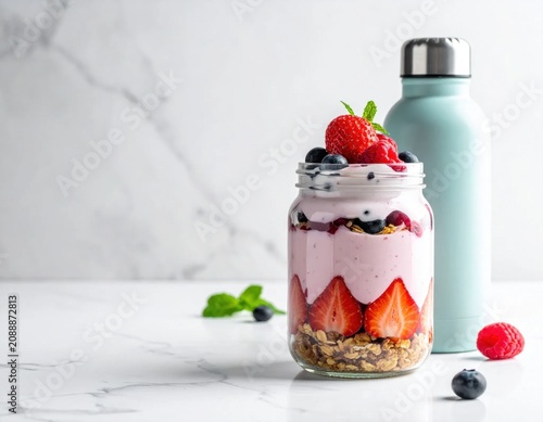 Jar of layered berry yogurt parfait with granola and fresh fruit next to a reusable water bottle for healthy breakfast meal prep