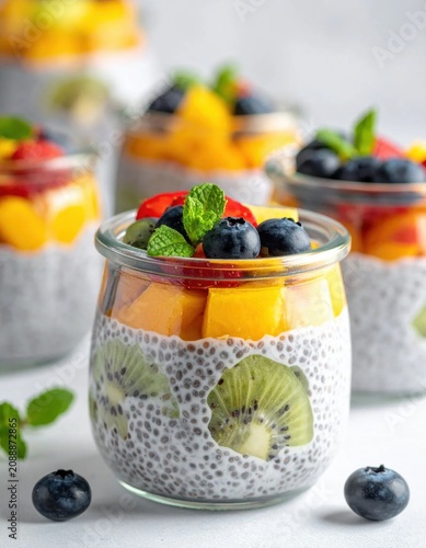 Healthy chia seed pudding jars topped with fresh blueberries, mango cubes, kiwi slices, and mint leaves