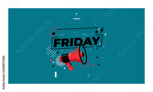 Friday announcement, megaphone icon, colorful confetti, vector graphic