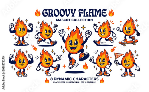 Groovy flame mascot characters, cartoon fire icons, dynamic illustrations, colorful emoticons