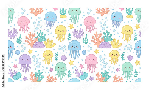 Colorful jellyfish, cartoon sea creatures, ocean animals, underwater seamless pattern