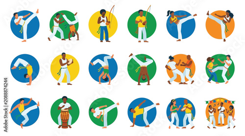 Foto Set of flat vector illustrations featuring people practicing capoeira martial arts in various dynamic poses