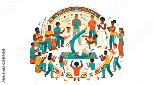 Foto Group of people performing capoeira in a circle with traditional music and rhythmic clapping