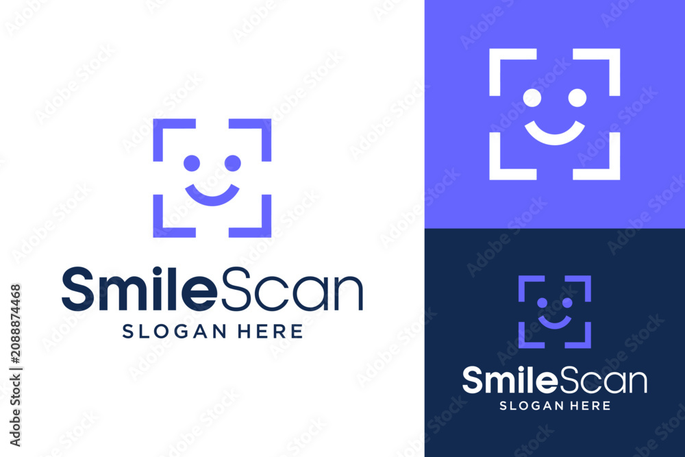 Fototapeta premium Smile Scan Logo Design, Creative Face Recognition and Happy Expression Symbol for Smile Detection Technology, Dental Wellness, and Advanced Digital Security Branding