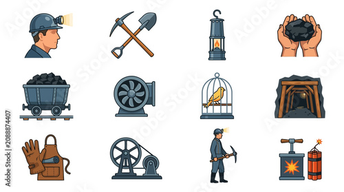 Fotografie Set of flat vector icons representing coal mining industry equipment and workers