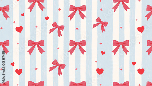 Repeating pattern of cute red bows and hearts on a pastel blue and white striped background, perfect for party invitations, greeting cards and children's decor
