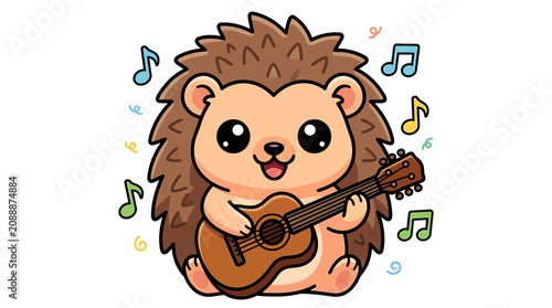 Hedgehog Playing Guitar Smiling.