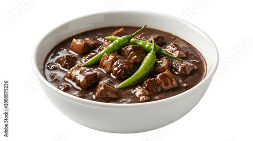 Dinuguan traditional Filipino savory pork blood stew mixed with tender meat chunks and topped with whole green chilies served in a white bowl isolated on a white background