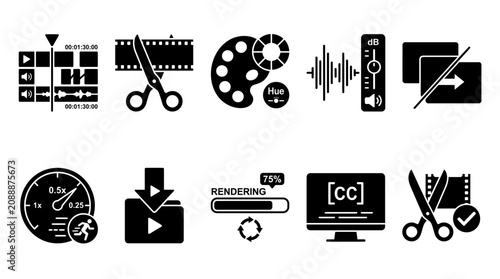 Set of video editing and post-production vector icons.