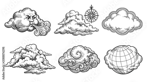 Vintage nautical set of hand drawn clouds and weather elements.