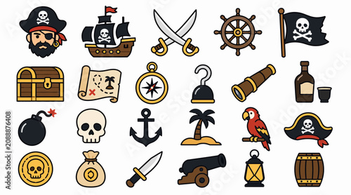 Fényképezés Colorful Pirate Themed Icons and Symbols Collection.