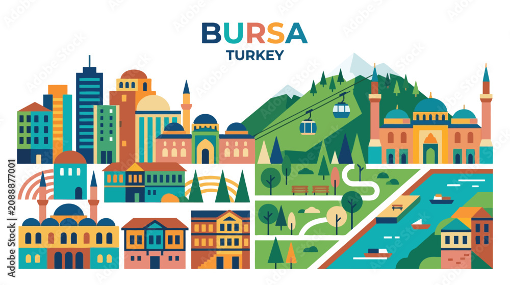 Fototapeta premium Colorful illustrated panorama of Bursa Turkey highlighting urban landscape with mountains parks and historical landmarks for
