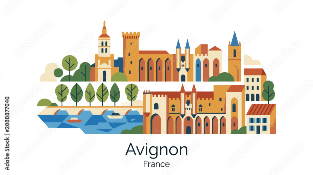 Obraz premium Colorful illustrated depiction of Avignon France showcasing iconic medieval architecture and scenic landscape design