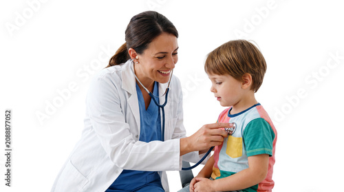 Professional Female Pediatrician Examining Little Boy with Stethoscope, Healthcare Concept Isolated on Transparent Background