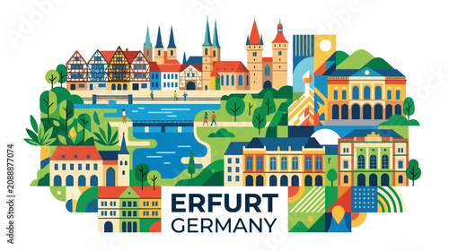 Colorful illustrated map showcasing the historic architecture and scenic landscapes of Erfurt Germany with vibrant buildings and