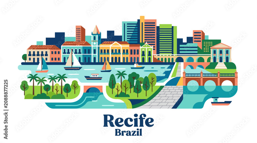 Fototapeta premium Colorful illustration showcasing the vibrant cityscape of Recife Brazil featuring modern and historic architecture alongside