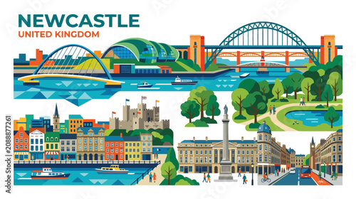 Vibrant illustrated panorama of Newcastle United Kingdom showcasing iconic bridges, historic architecture, lush parks, bustling
