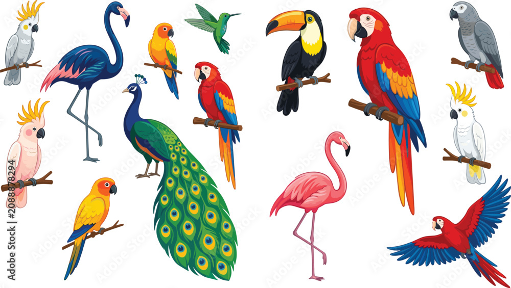 Obraz premium Exotic Bird Collection – Flamingo, Peacock, Toucan, Macaw and Parrot Illustration Set
