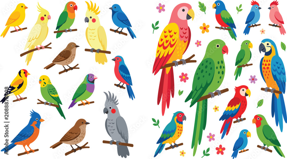 Obraz premium Colorful Bird and Parrot Collection – Cockatoo, Lovebird, Macaw and Songbird Set with Flowers