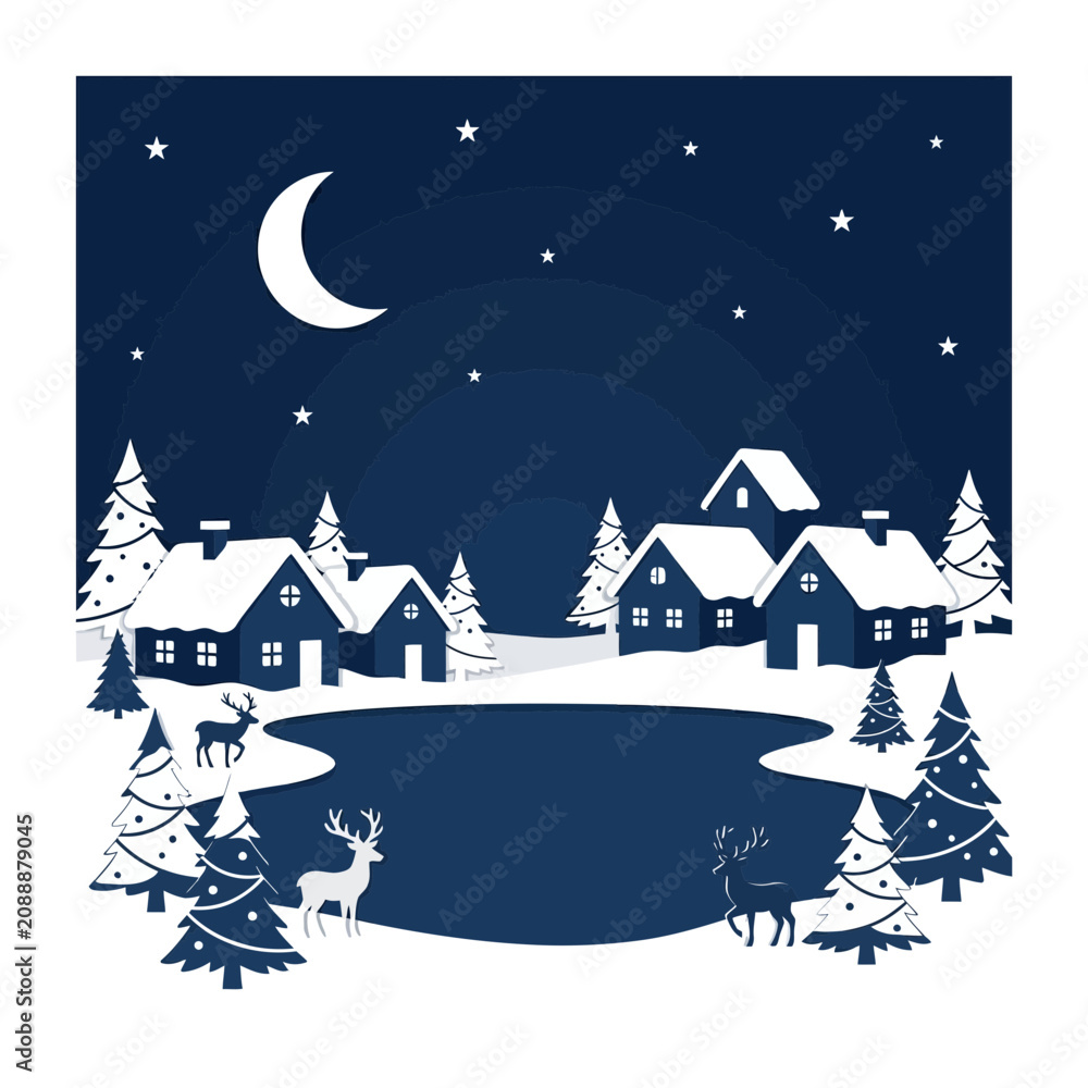 Naklejka premium Winter Village Scene with Moon and Stars